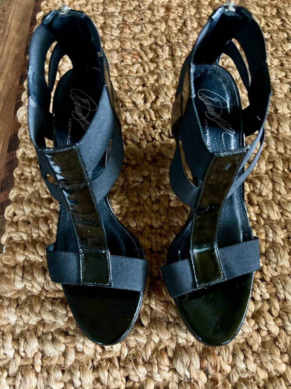 Donald J. Pliner Black Patent & Elastic Cork Wedge Sandals